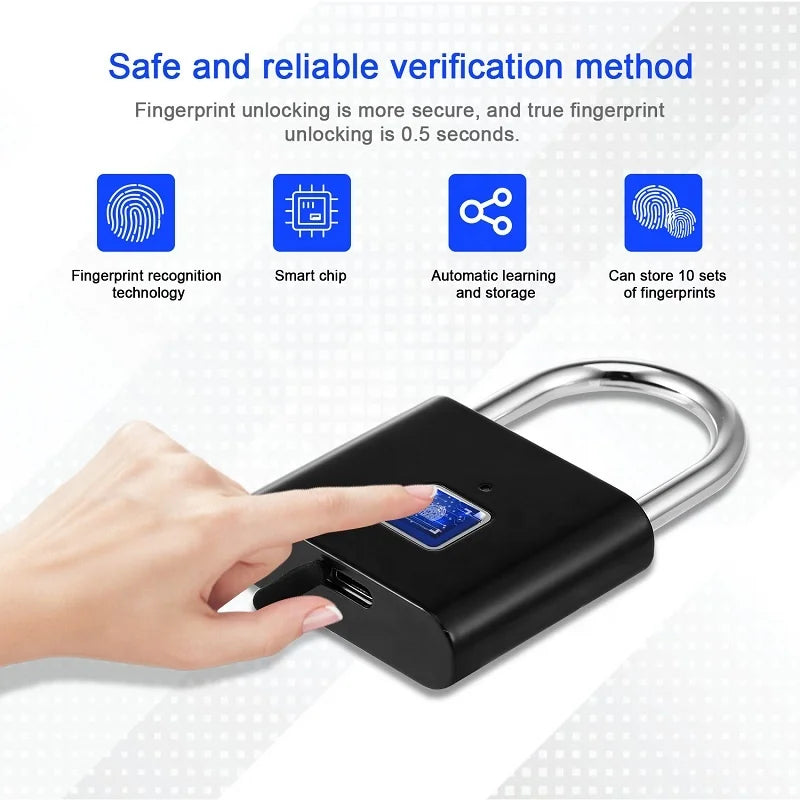 Fingerprint-Enabled Smart Keyless Security Locker Lock - IP65 Waterproof Anti-Theft USB Rechargeable Padlock for Gym Use