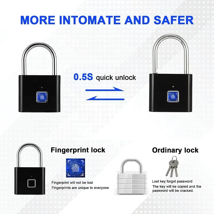 Fingerprint-Enabled Smart Keyless Security Locker Lock - IP65 Waterproof Anti-Theft USB Rechargeable Padlock for Gym Use